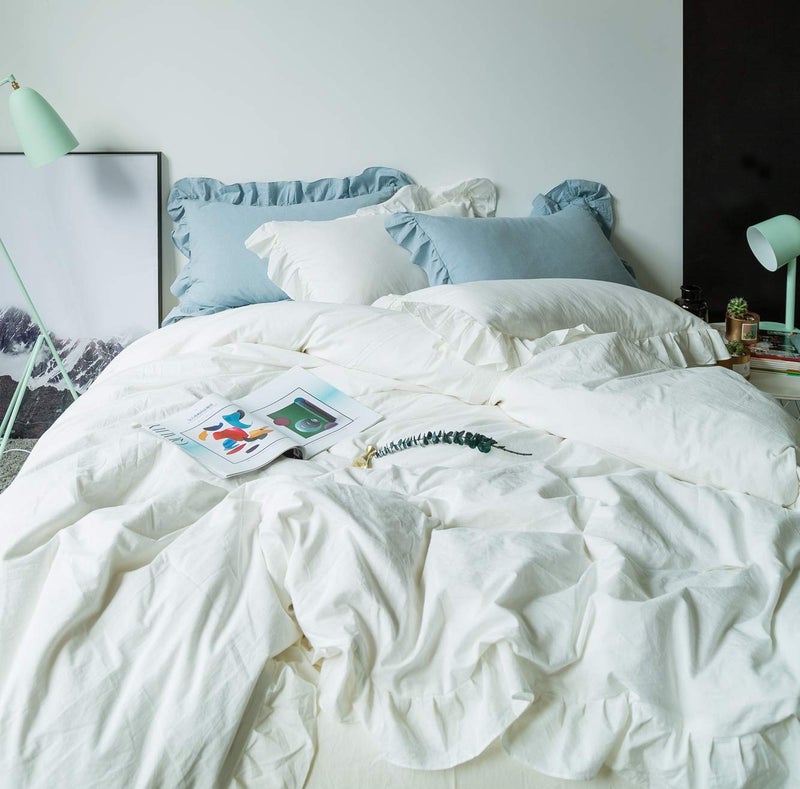SUSYBAO White Vintage Ruffle Duvet Cover Queen 100% Washed Cotton White Farmhouse Duvet Cover Set 3 Pieces 1 White Lace Duvet Cover with Zipper Ties 2 Pillow Shams Luxury Soft Shabby Chic Bedding Set - Image 3